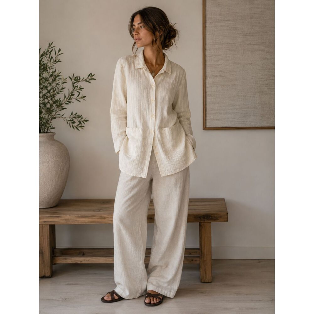 FLAX Cream Ribbed Button Up Linen Blazer Jacket Shirt Women's Size Medium